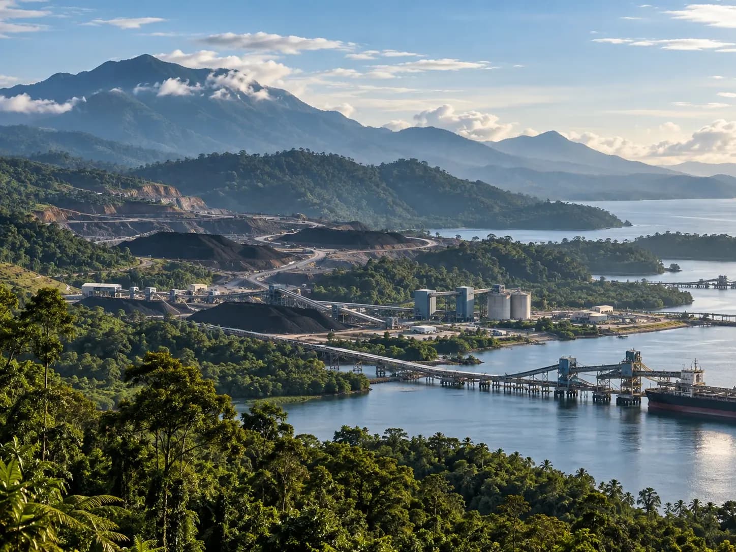Conceptual coastal landscape with mine benches, stockpiles, processing plant and a loading jetty among forested hills