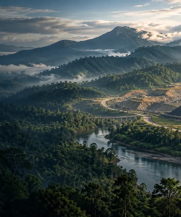 Conceptual landscape of forested hills and a river beside terraced mine benches and processing infrastructure at dawn