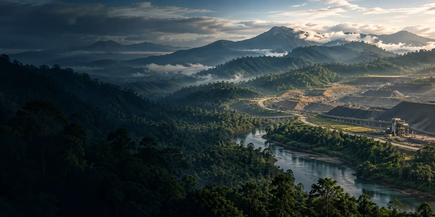 Conceptual landscape of forested hills and a river beside terraced mine benches and processing infrastructure at dawn