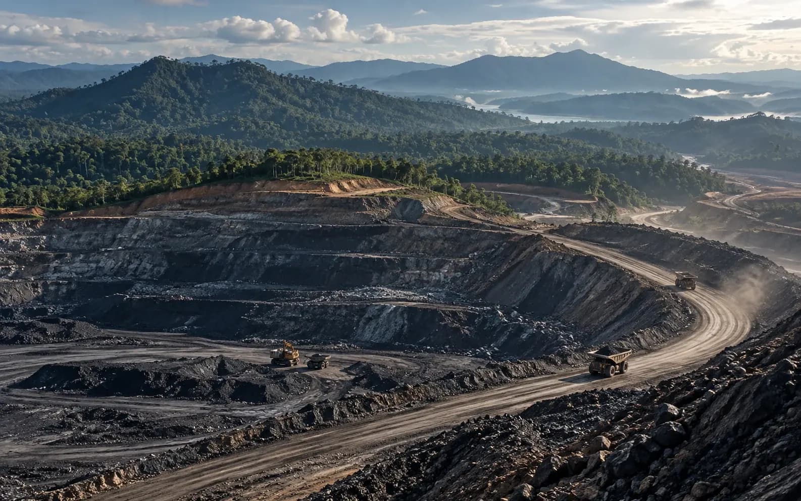 Conceptual view of an open-pit coal mine with haul trucks on benches below forested hills