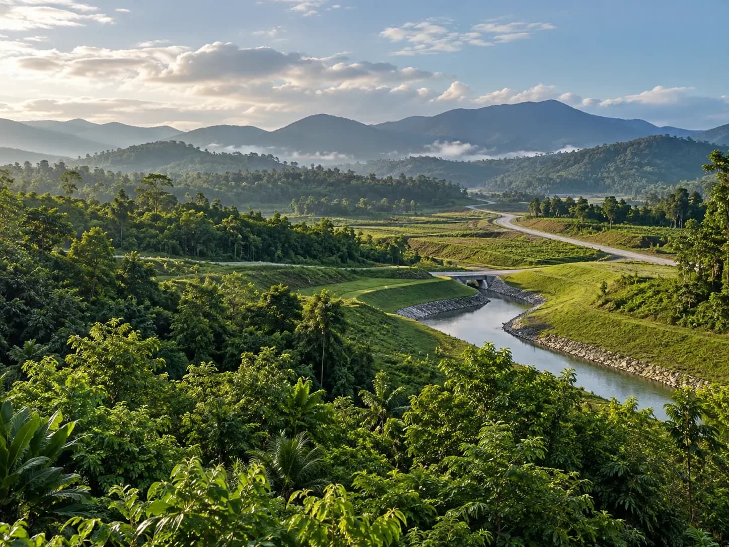 Conceptual view of a river channel and access road passing through green hills and forest at sunrise